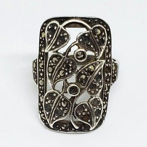 Vintage Victorian Leaf Marcasite Elegant Sterling Silver Ring SZ 5.5 "SD TH 925"